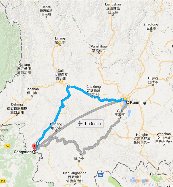 Kunming – Cangyuan County Transportation: By Plane & Bus