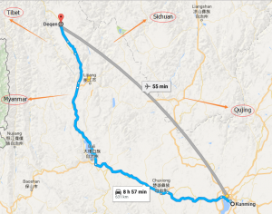 The tour route from Kunming to Diqing