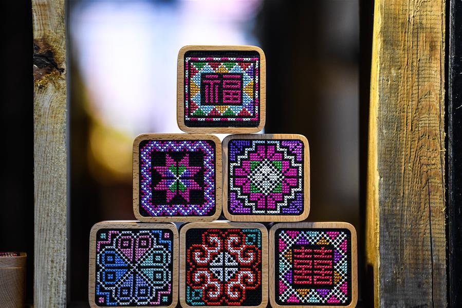 Embroidered storage boxes in Shilin Yi Autonomous County of Kunming, Yunnan